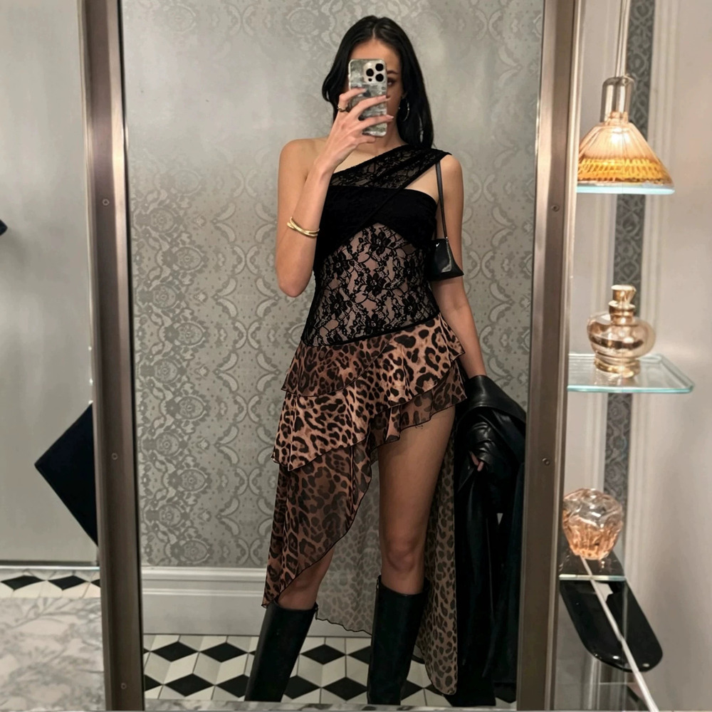 Zara One Shoulder Lace Sheer Leopard Print Ruffle Hem Long Dress Club
